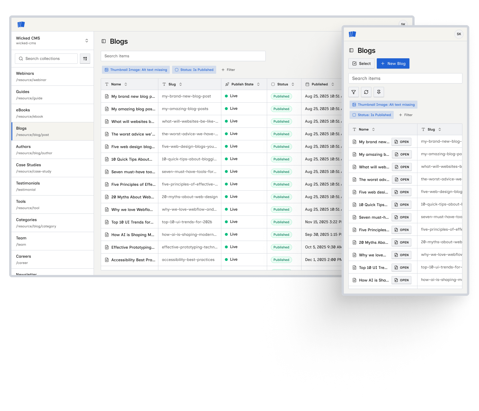 a screenshot of the Wicked CMS web application dashboard, showing a detailed data table of blog posts managed for a Webflow site